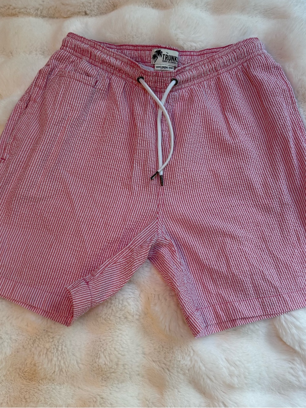 Men’s Trunks Pink White Seersucker Classic Swim Trunks Shorts Size Medium M